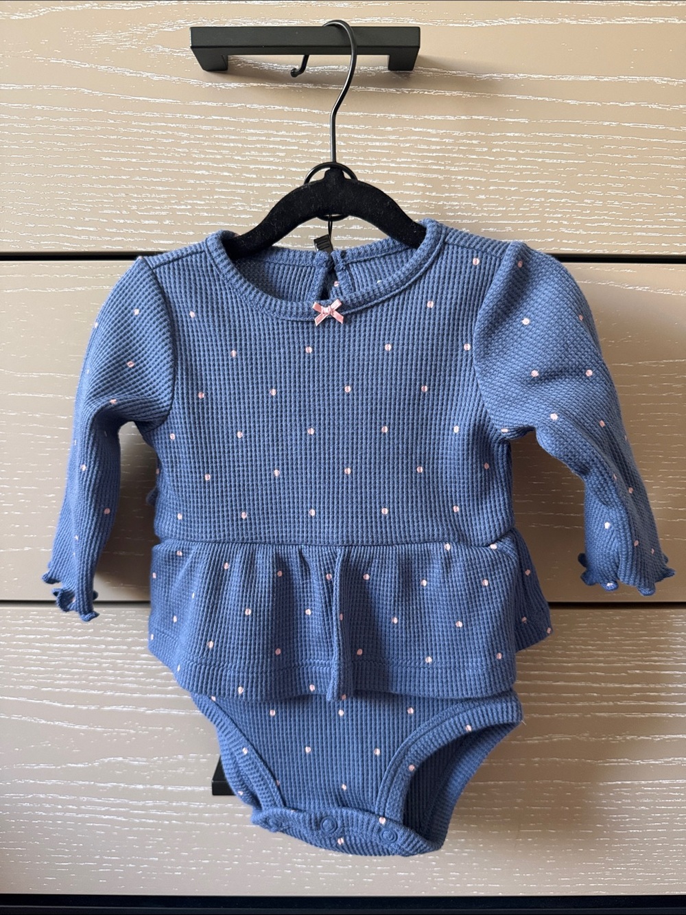 Carter's Blue Knit Long-Sleeve Peplum Bodysuit with Pink Dot Detail